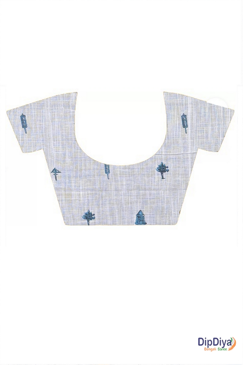 White Blue Pure Cotton Soher Printed Handloom Saree (607)